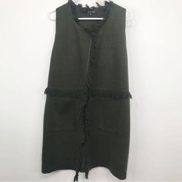 Sisters Olive Green Felted Knit Fringed Open Front Tunic Cardigan Vest - Picture 8 of 16